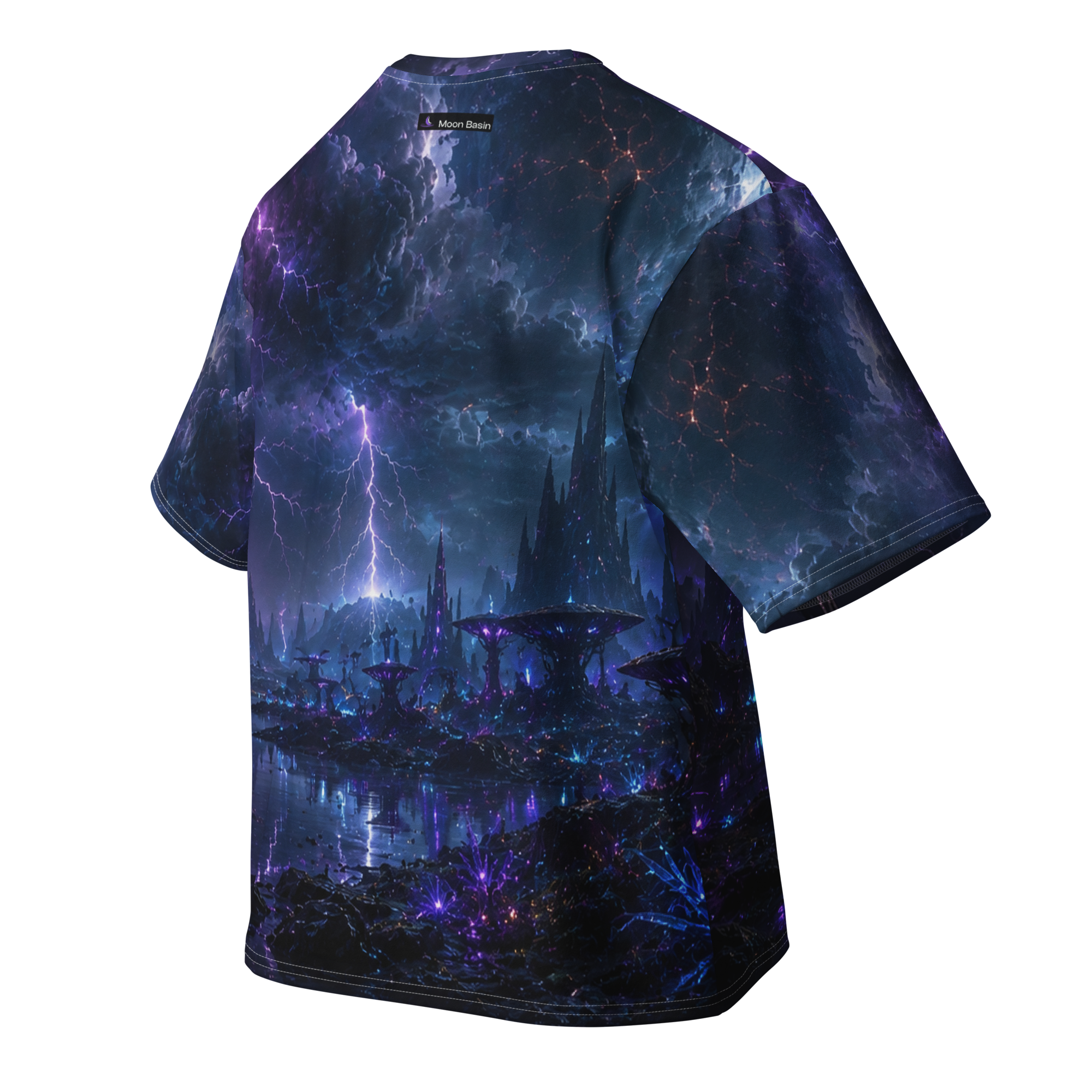 Violet Storm Citadel all over print oversized tee, back view, Moon Basin mark at the nape