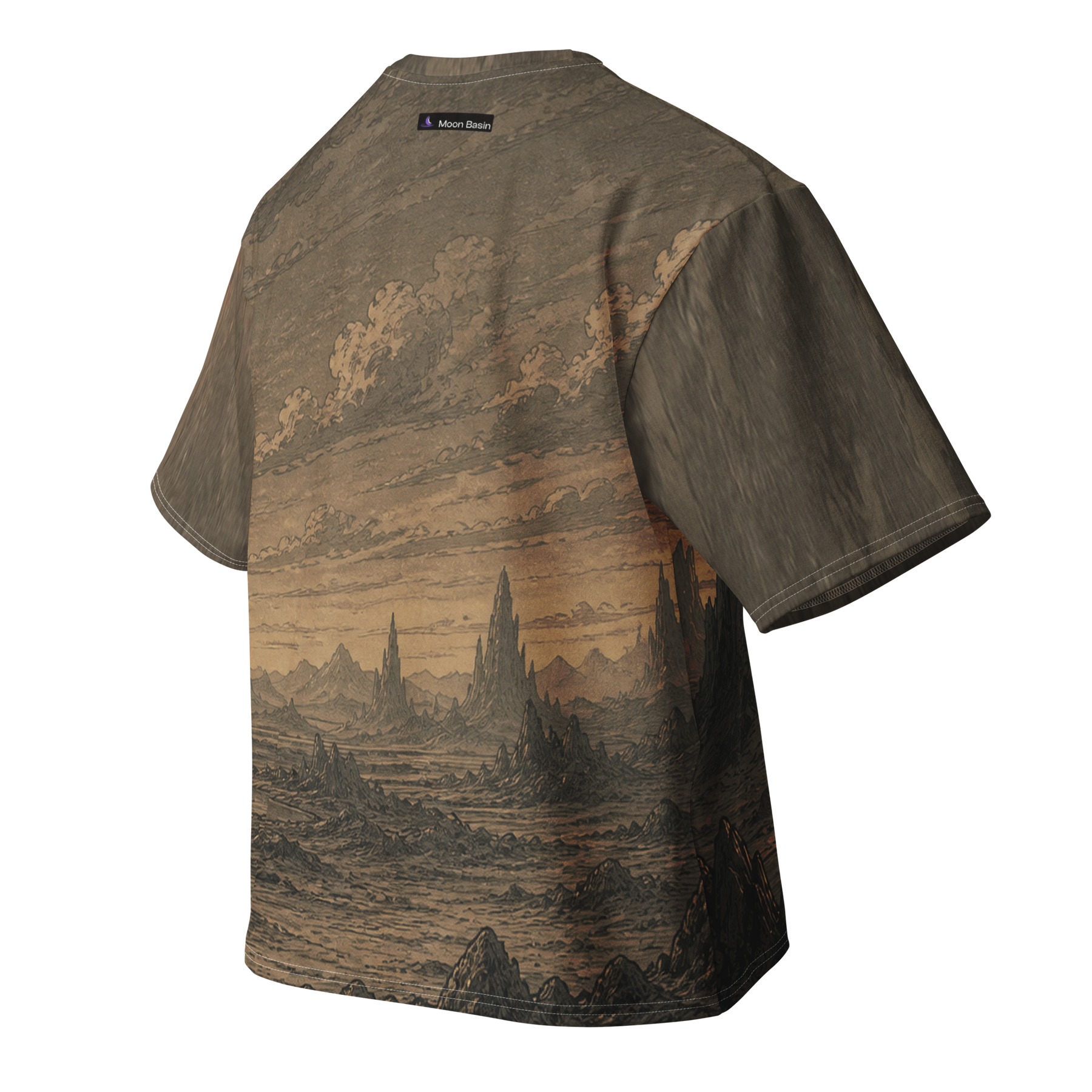 Khaki Eclipse Basin all over print oversized tee, back view, Moon Basin mark at the nape
