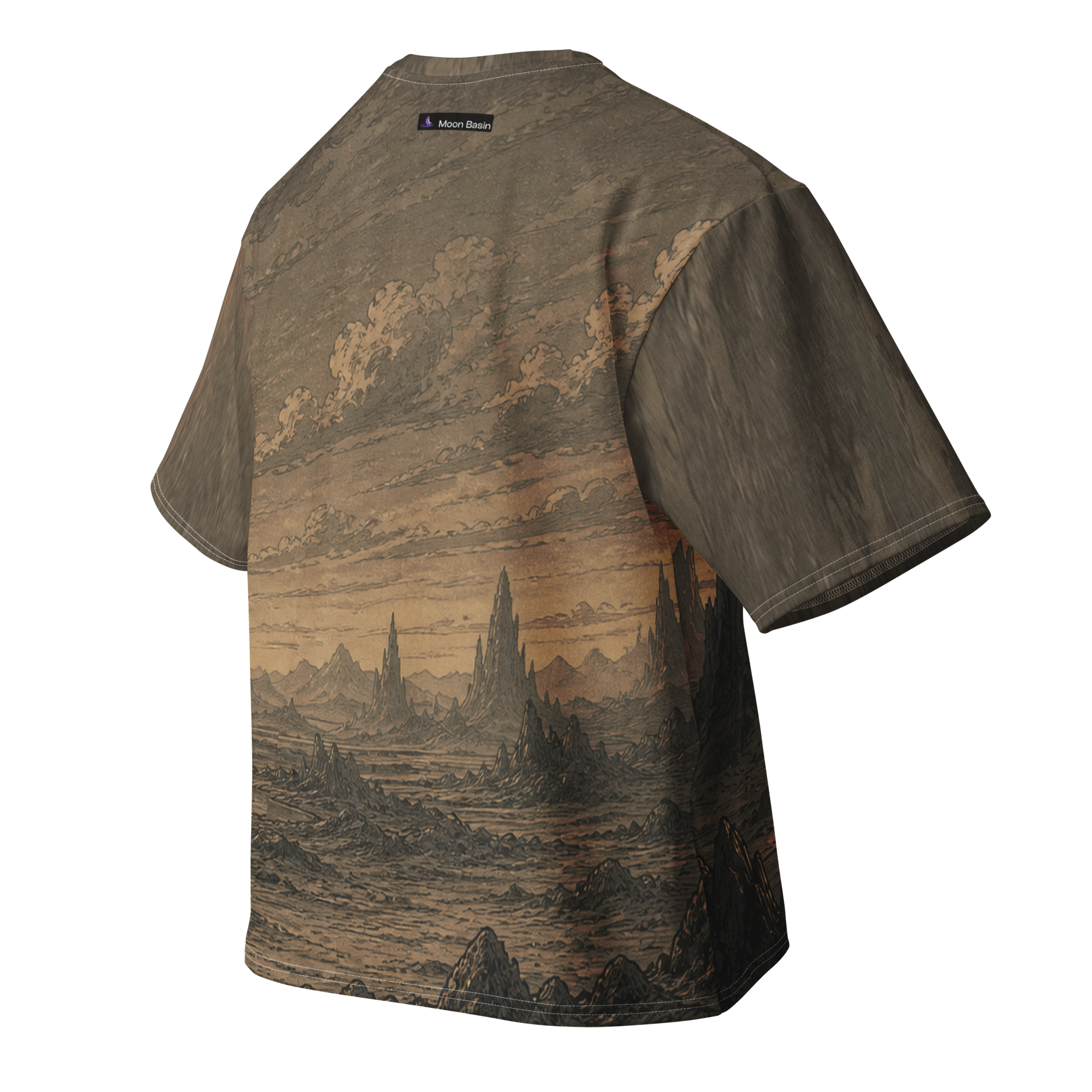 Khaki Eclipse Basin all over print oversized tee, back view, Moon Basin mark at the nape