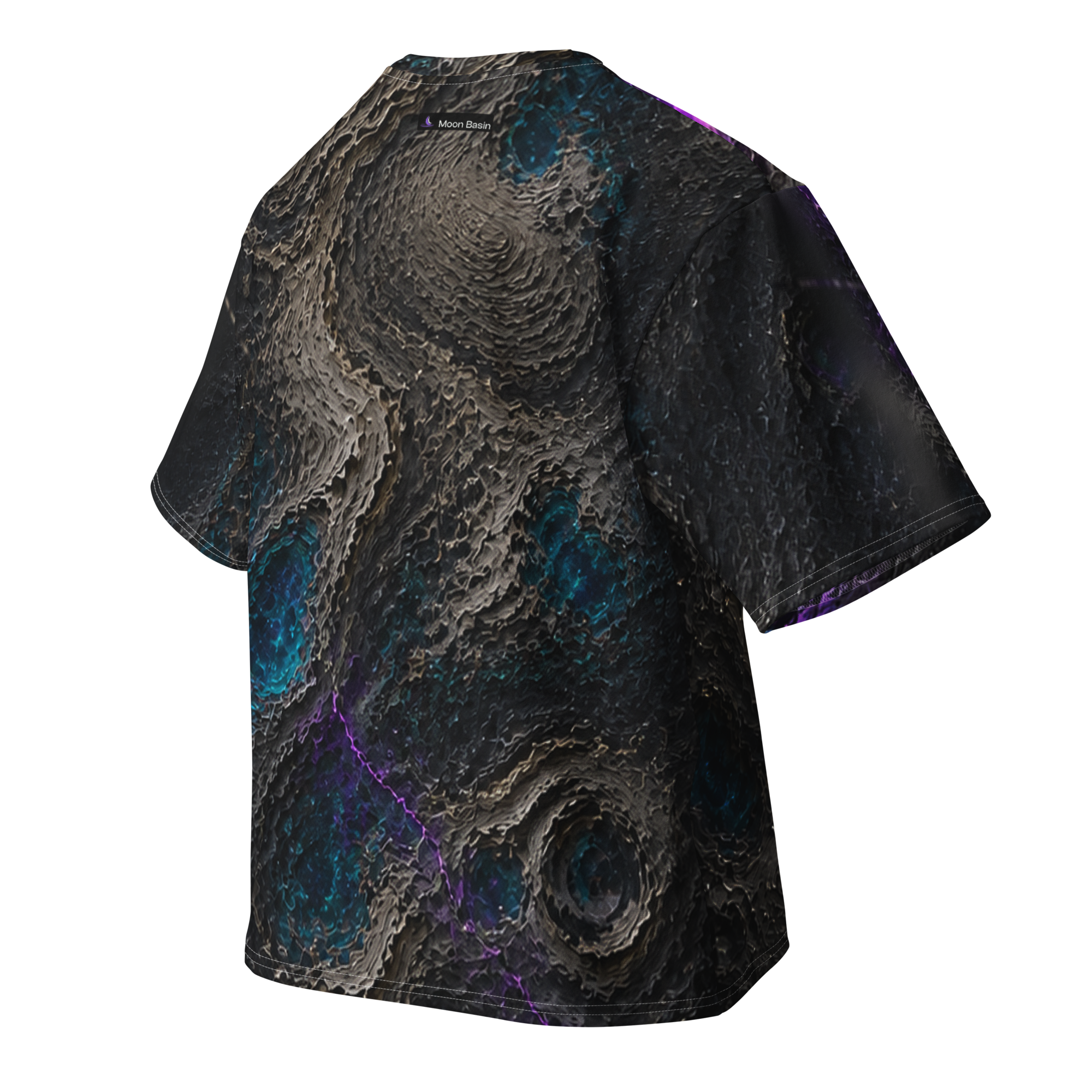 World Vein all over print oversized tee, back view, Moon Basin mark at the nape