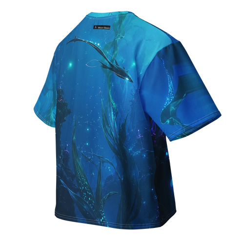 Alien Kelp Basin all over print oversized tee, back view, Moon Basin mark at the nape