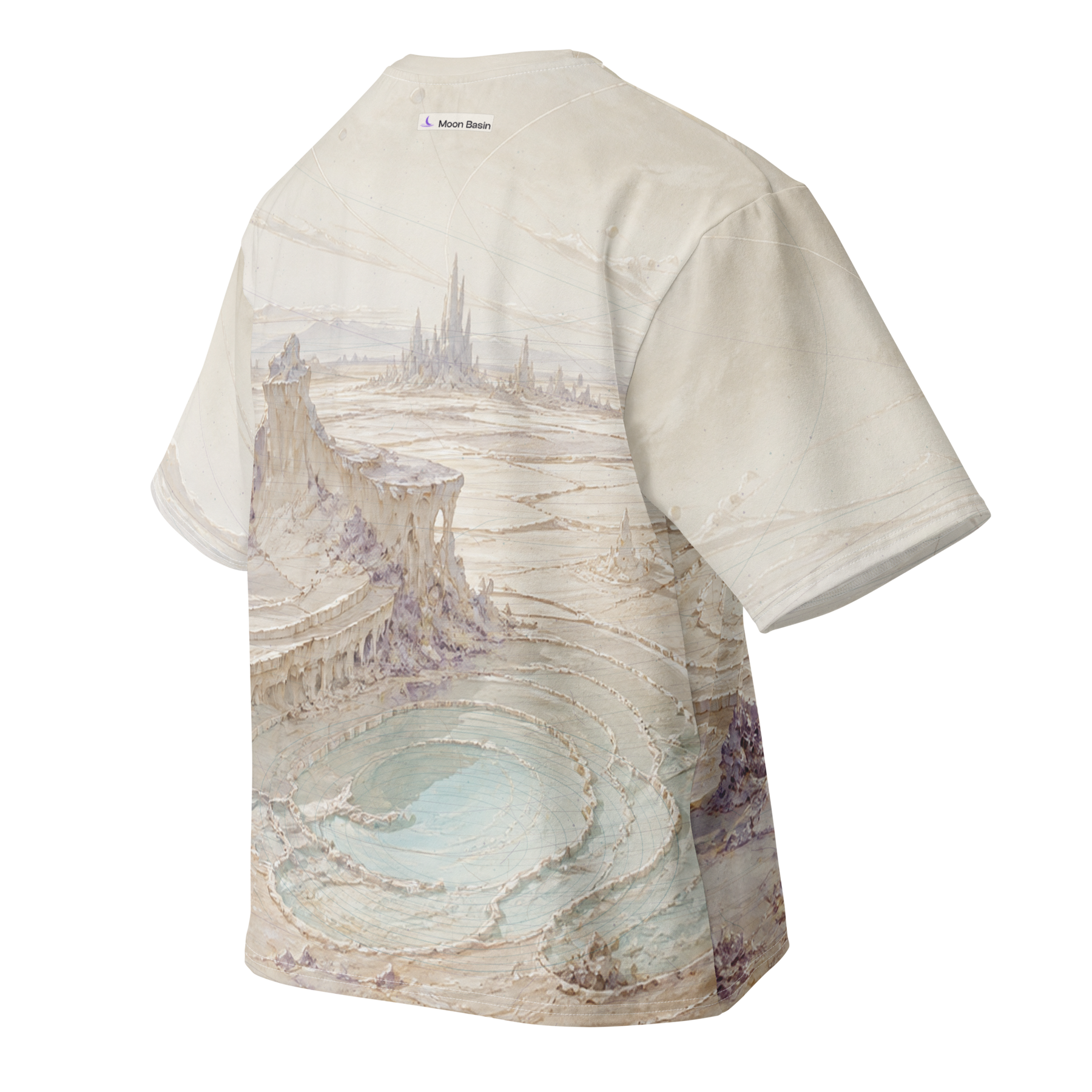 Ivory Orbit Basin all over print oversized tee, back view, Moon Basin mark at the nape