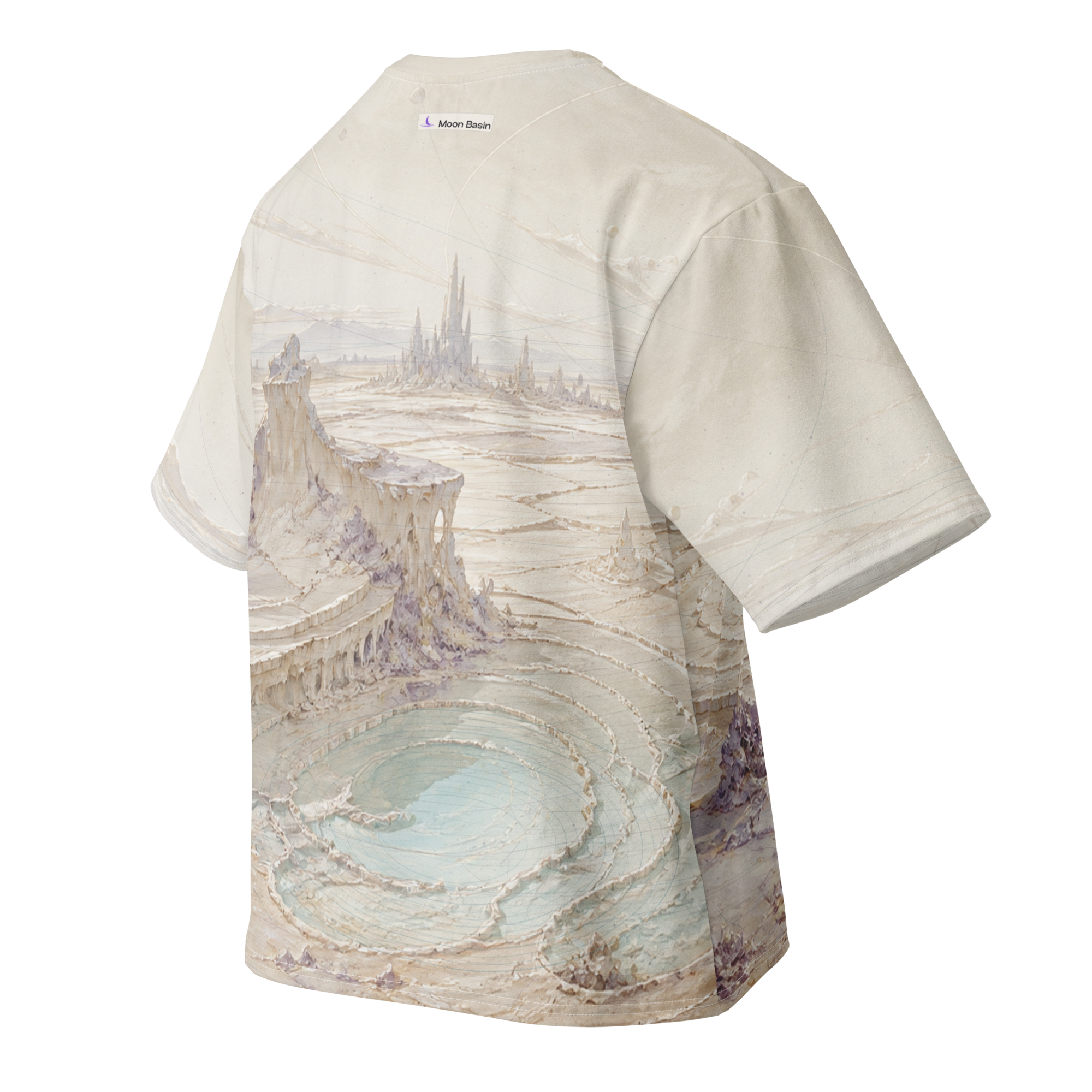 Ivory Orbit Basin all over print oversized tee, back view, Moon Basin mark at the nape
