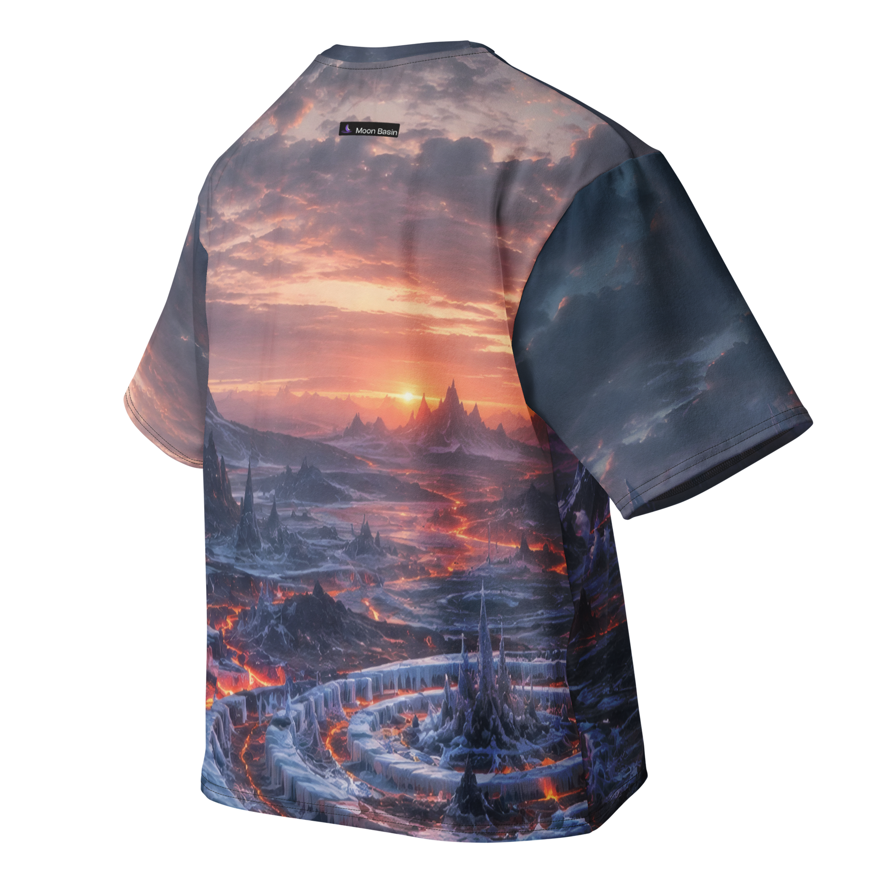 Frostfire Caldera all over print oversized tee, back view, Moon Basin mark at the nape