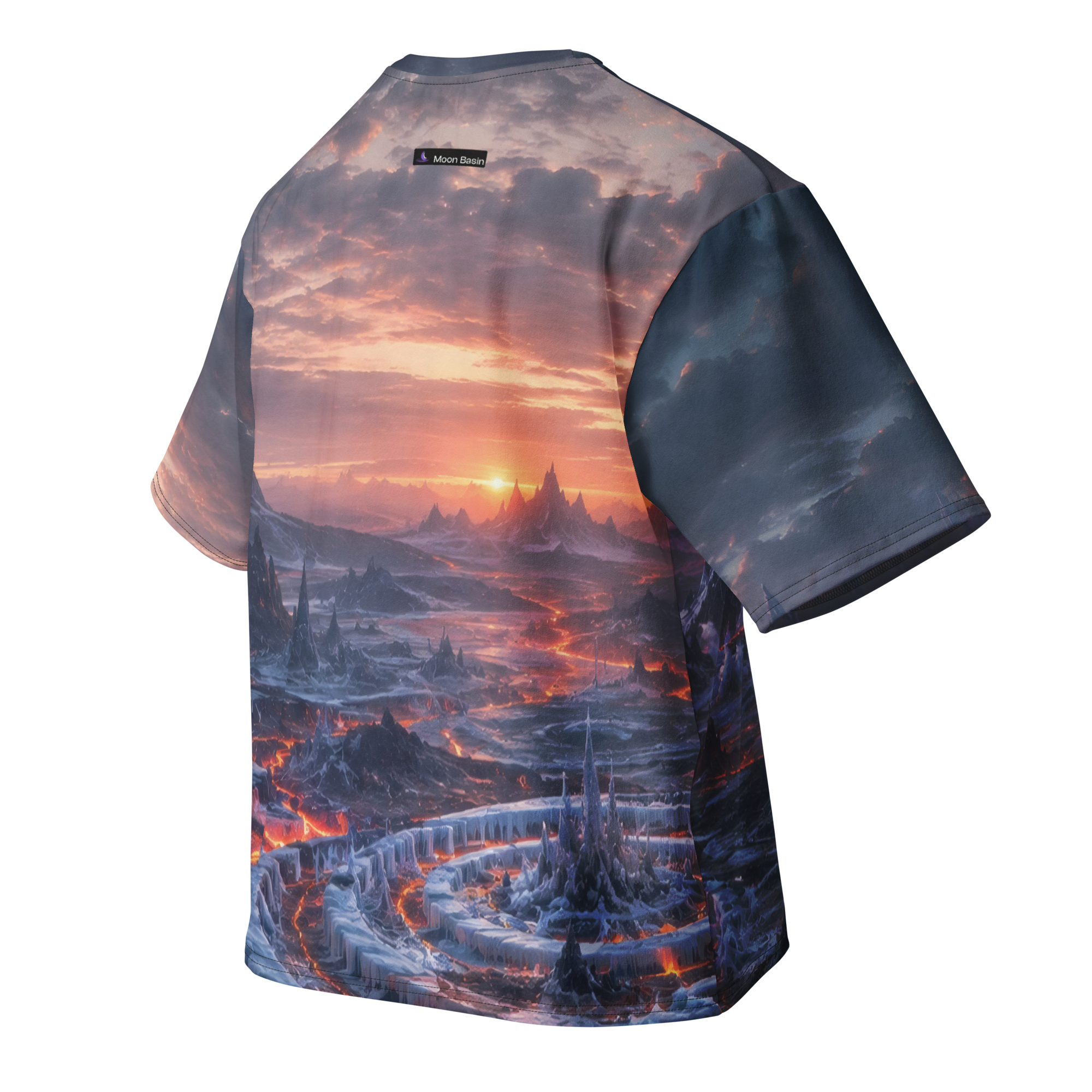 Frostfire Caldera all over print oversized tee, back view, Moon Basin mark at the nape
