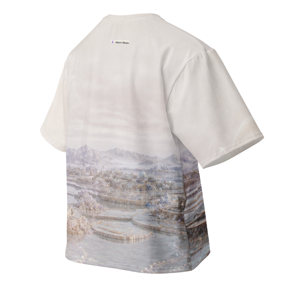 Pearl Meridian Basin all over print oversized tee, back view, Moon Basin mark at the nape