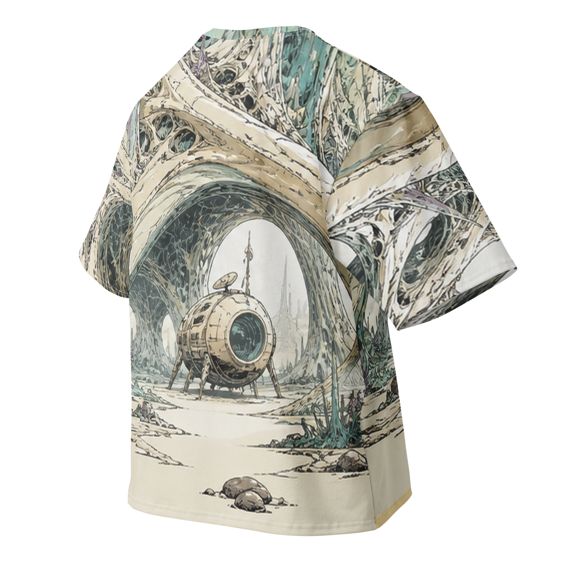 Glassroot Forest all over print oversized tee, back view, Moon Basin mark at the nape