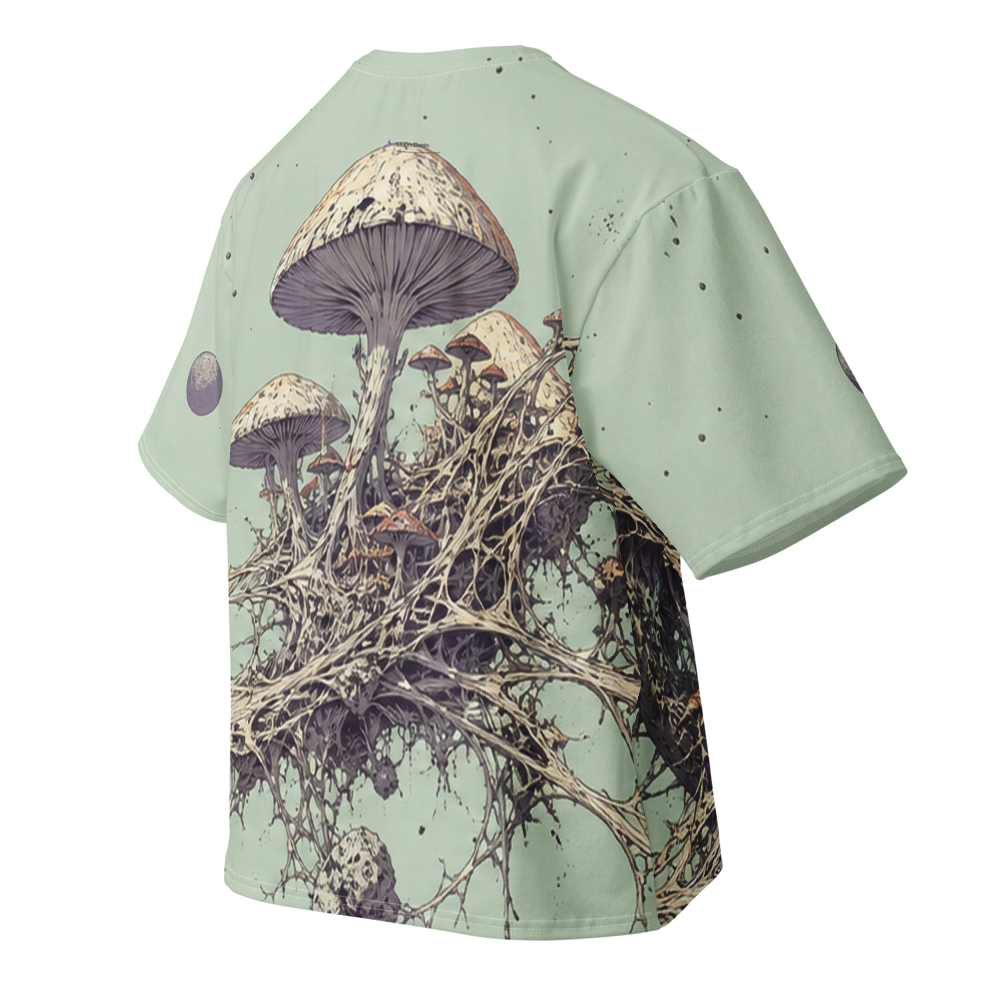 Orbital Mycelium all over print oversized tee, back view, Moon Basin mark at the nape