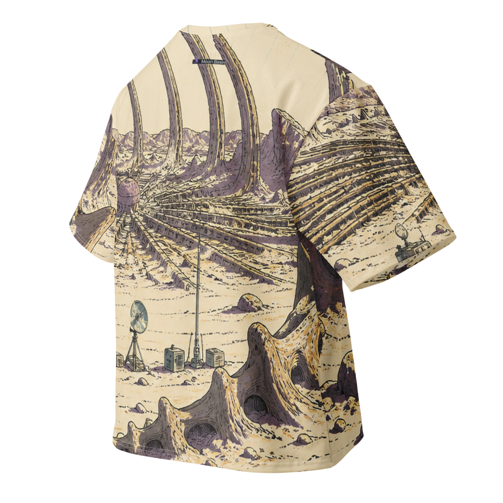 Fossil Signal all over print oversized tee, back view, Moon Basin mark at the nape