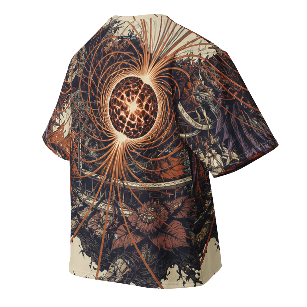 Magnetar Garden all over print oversized tee, back view, Moon Basin mark at the nape