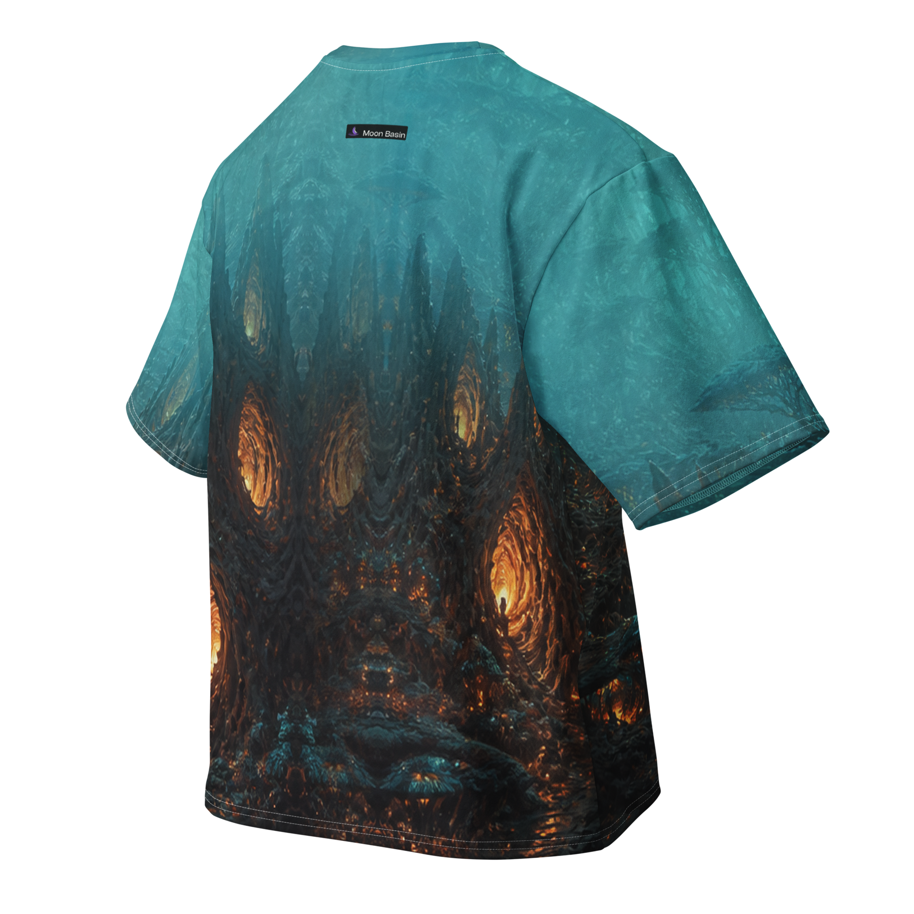 Alien Redwood Cathedral all over print oversized tee, back view, Moon Basin mark at the nape