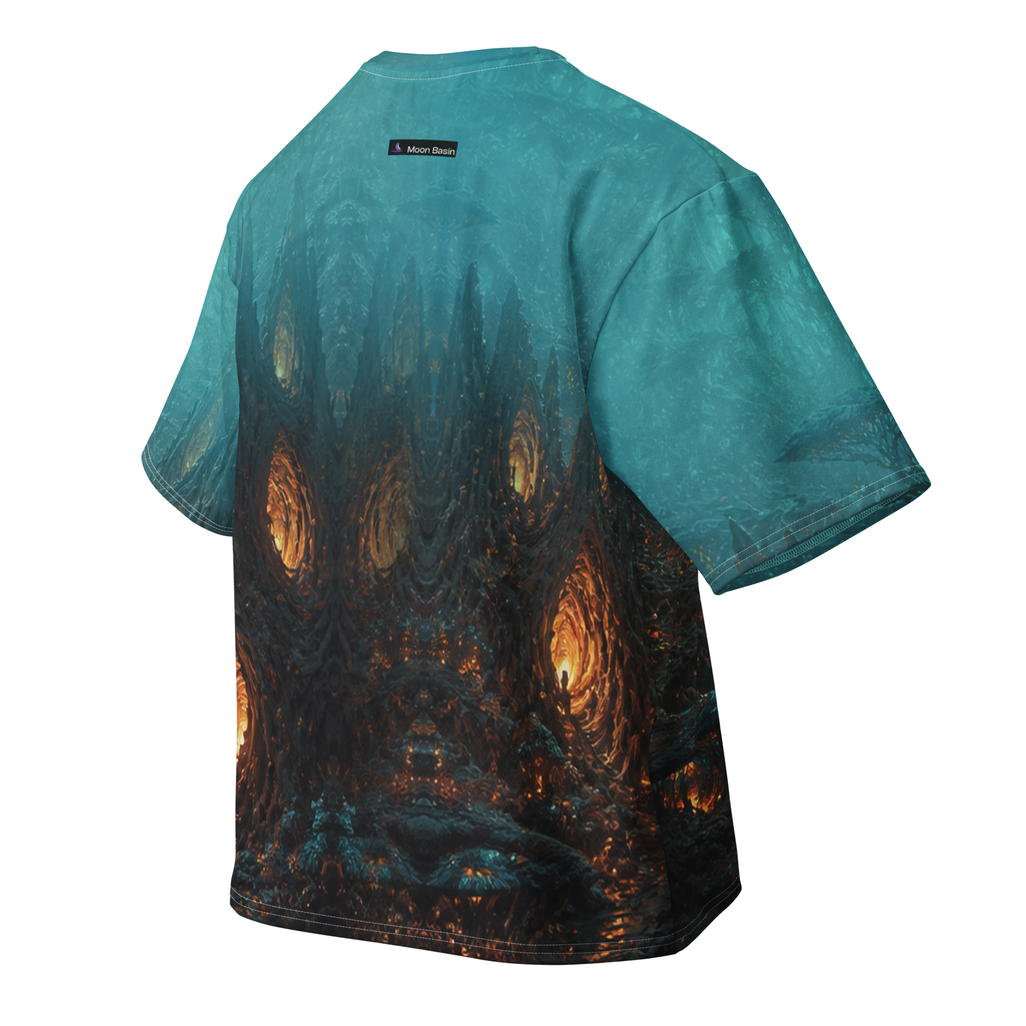 Alien Redwood Cathedral all over print oversized tee, back view, Moon Basin mark at the nape