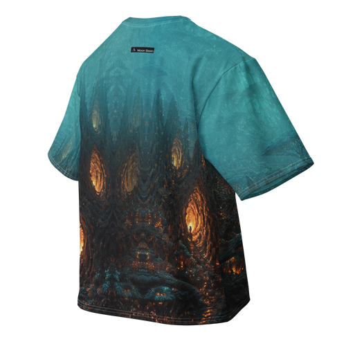 Alien Redwood Cathedral all over print oversized tee, back view, Moon Basin mark at the nape
