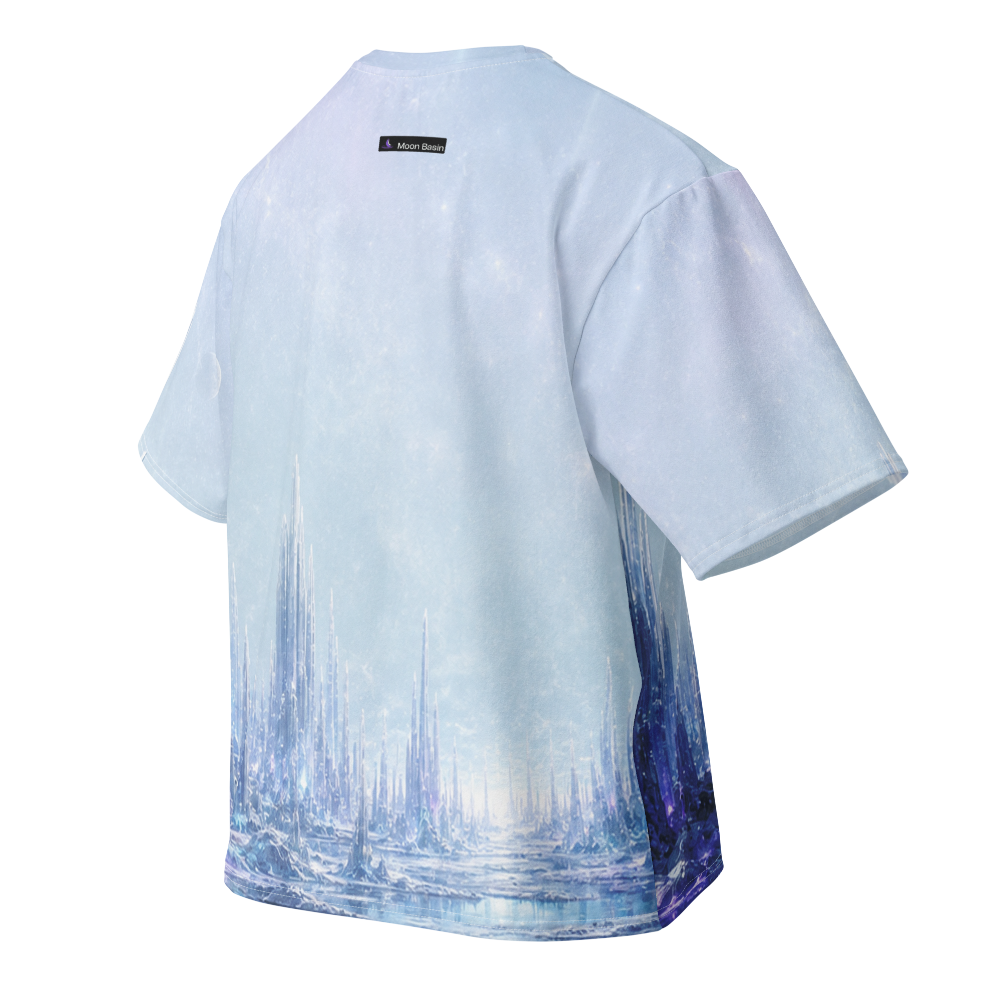 Icicle Meridian Basin all over print oversized tee, back view, Moon Basin mark at the nape