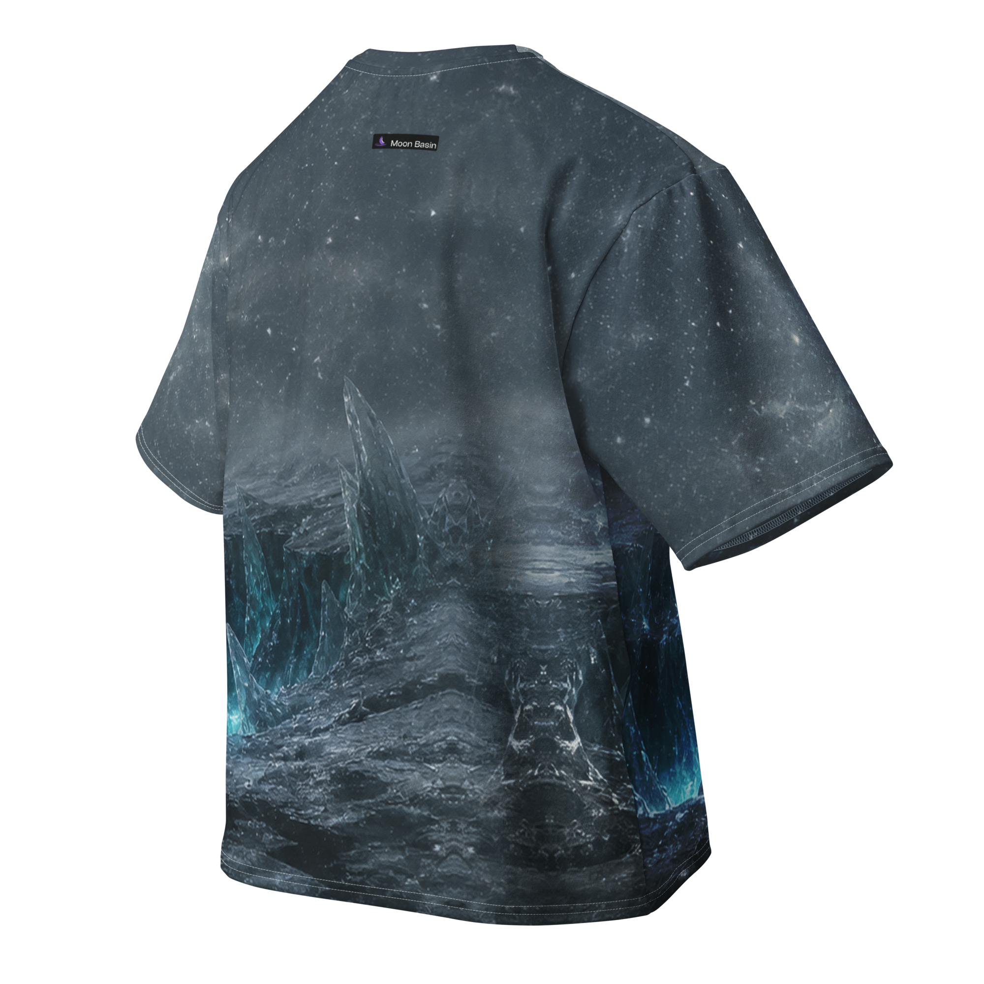 Frozen Maw all over print oversized tee, back view, Moon Basin mark at the nape