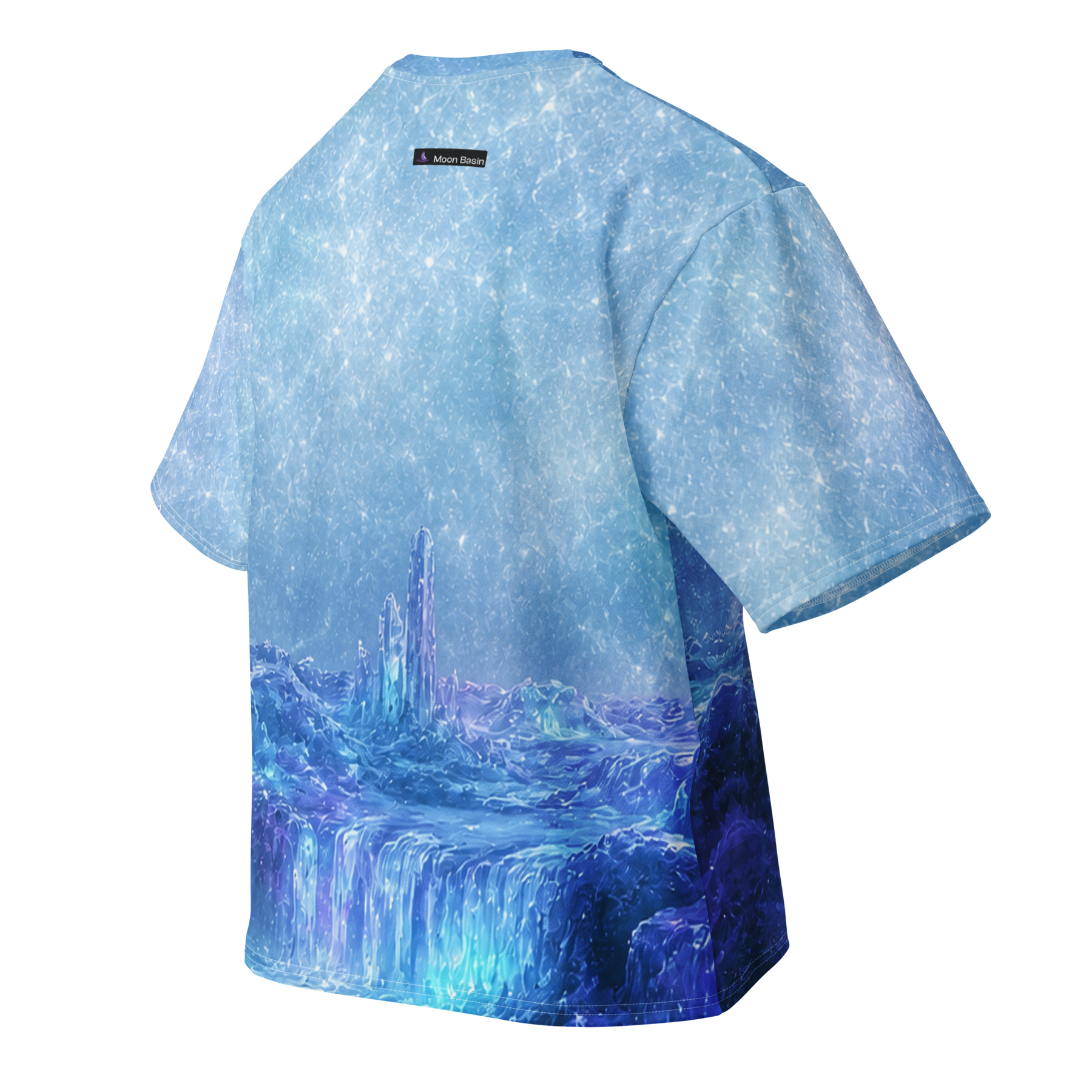 Aurora Icefall all over print oversized tee, back view, Moon Basin mark at the nape