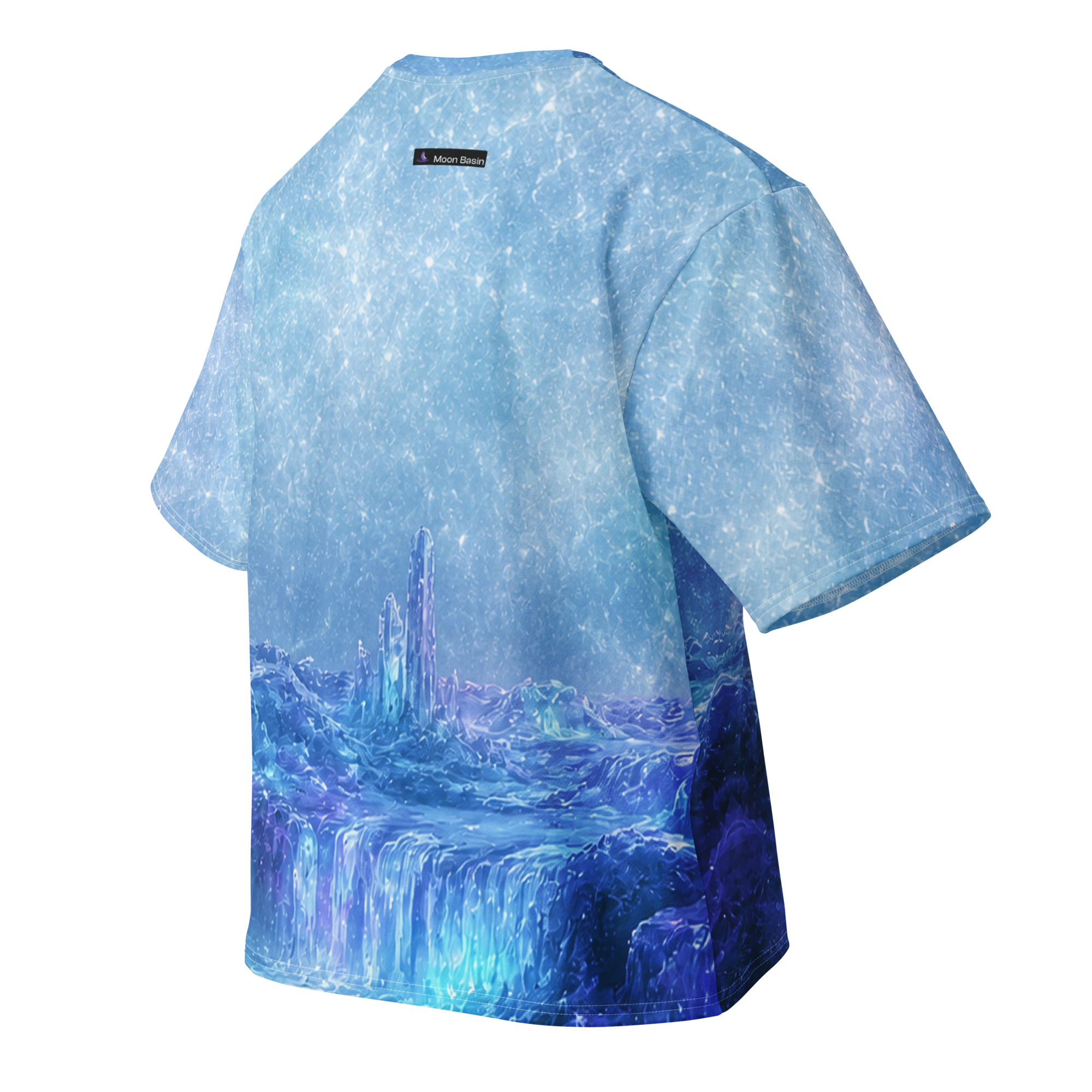 Aurora Icefall all over print oversized tee, back view, Moon Basin mark at the nape