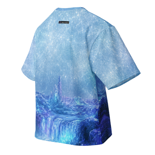 Aurora Icefall all over print oversized tee, back view, Moon Basin mark at the nape