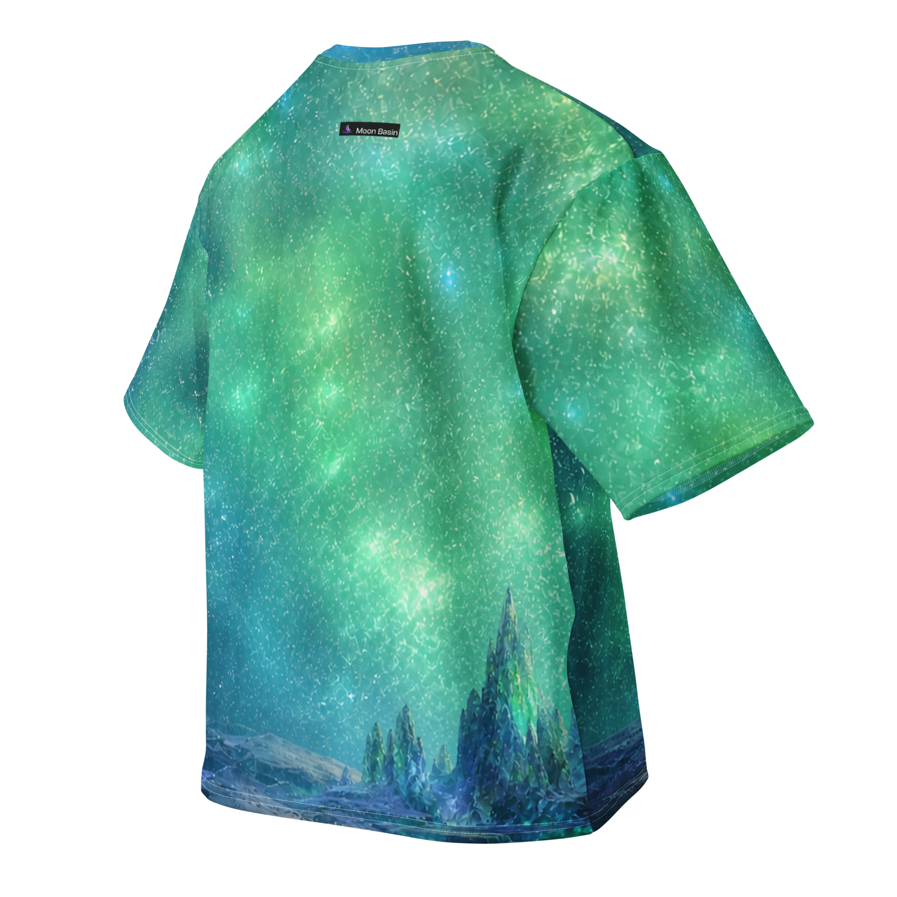 Borealis Crown all over print oversized tee, back view, Moon Basin mark at the nape