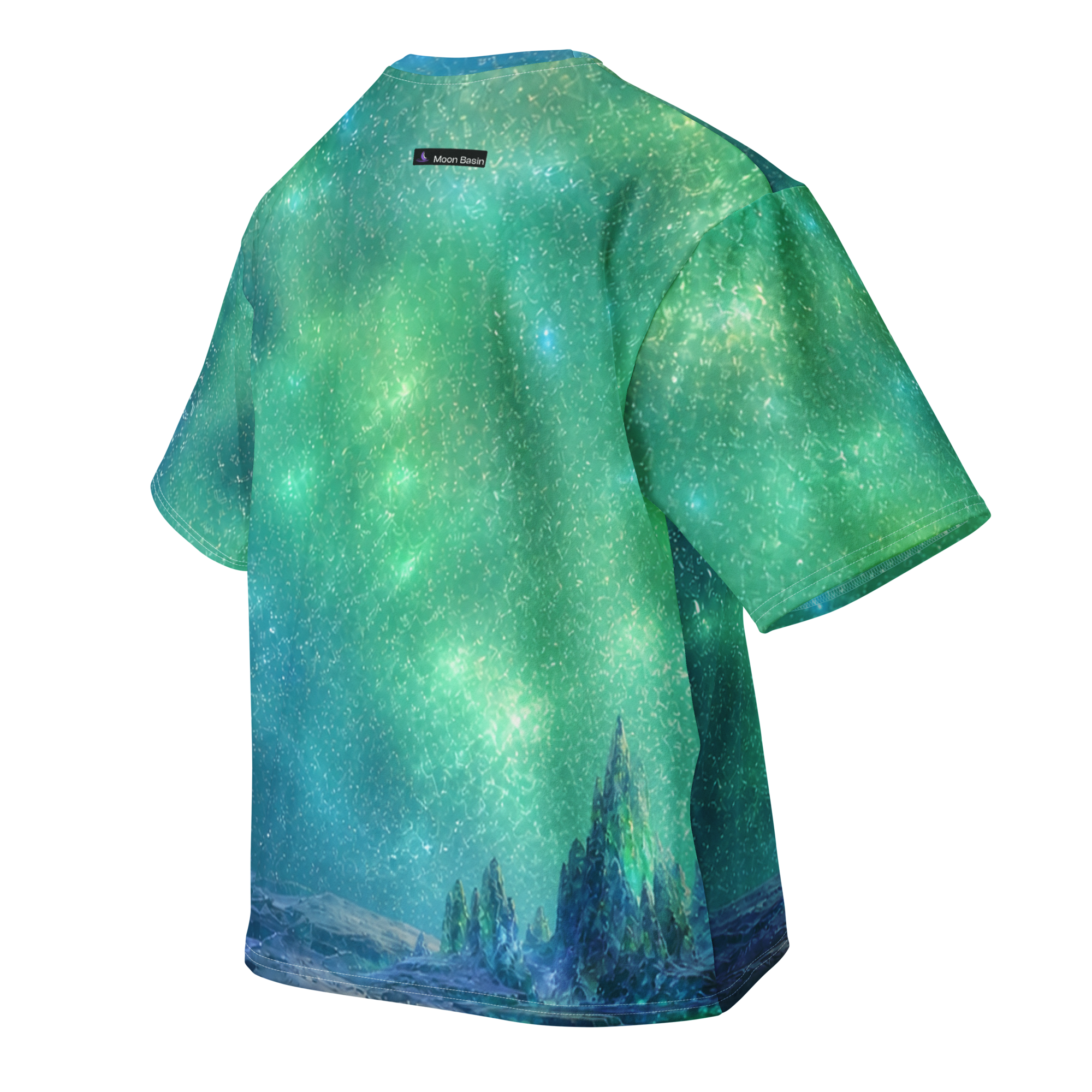 Borealis Crown all over print oversized tee, back view, Moon Basin mark at the nape