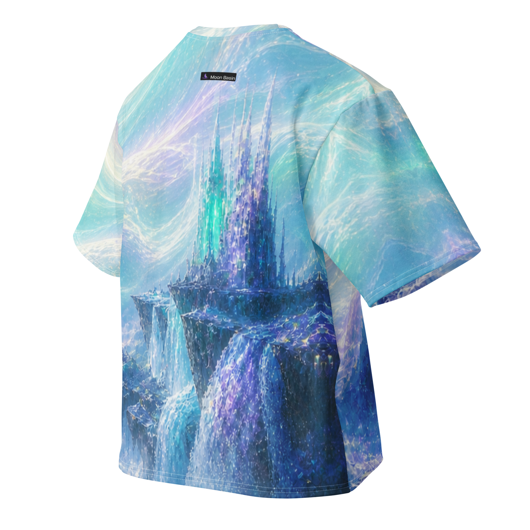 Aurora Tempest all over print oversized tee, back view, Moon Basin mark at the nape