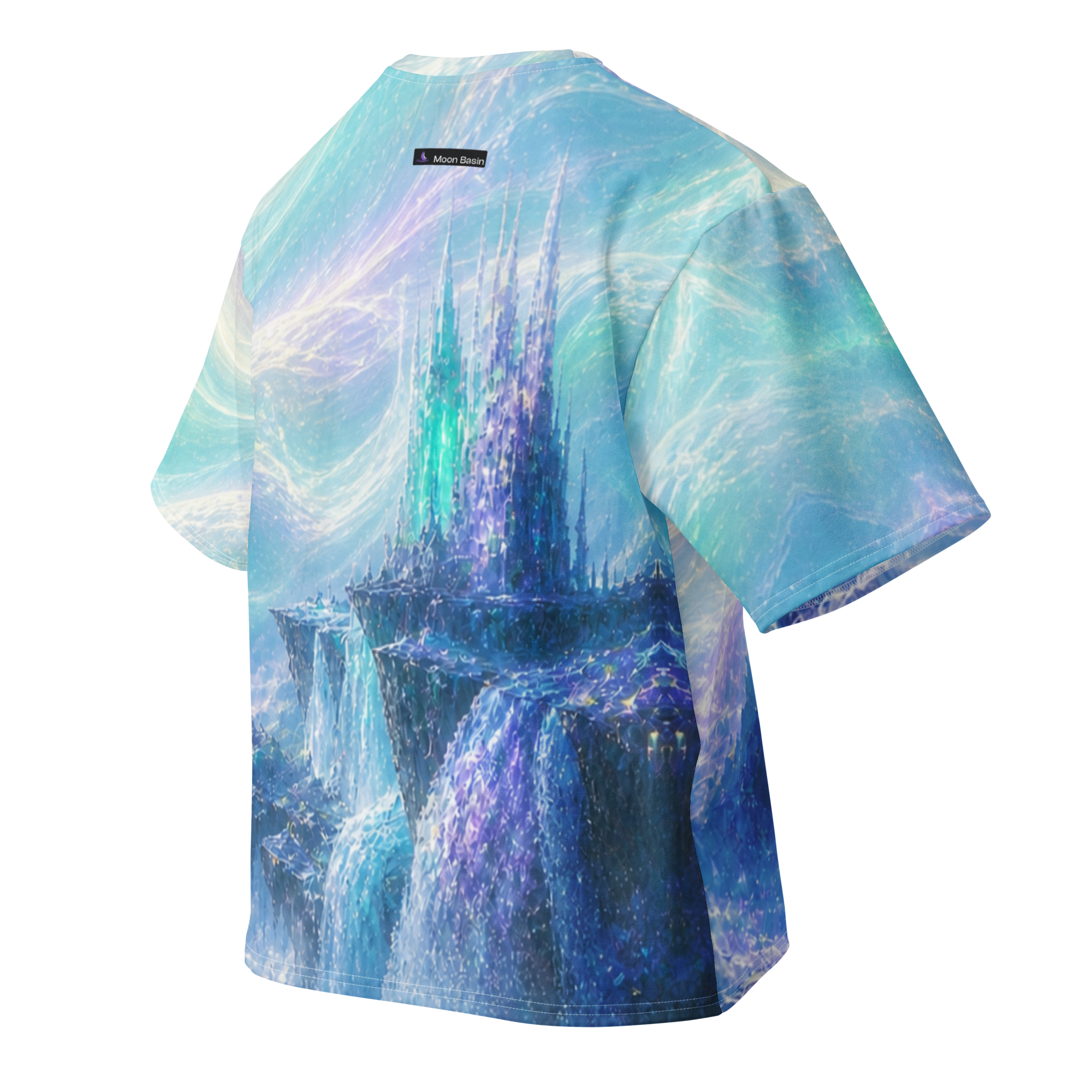 Aurora Tempest all over print oversized tee, back view, Moon Basin mark at the nape