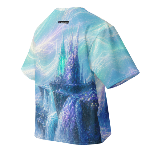 Aurora Tempest all over print oversized tee, back view, Moon Basin mark at the nape