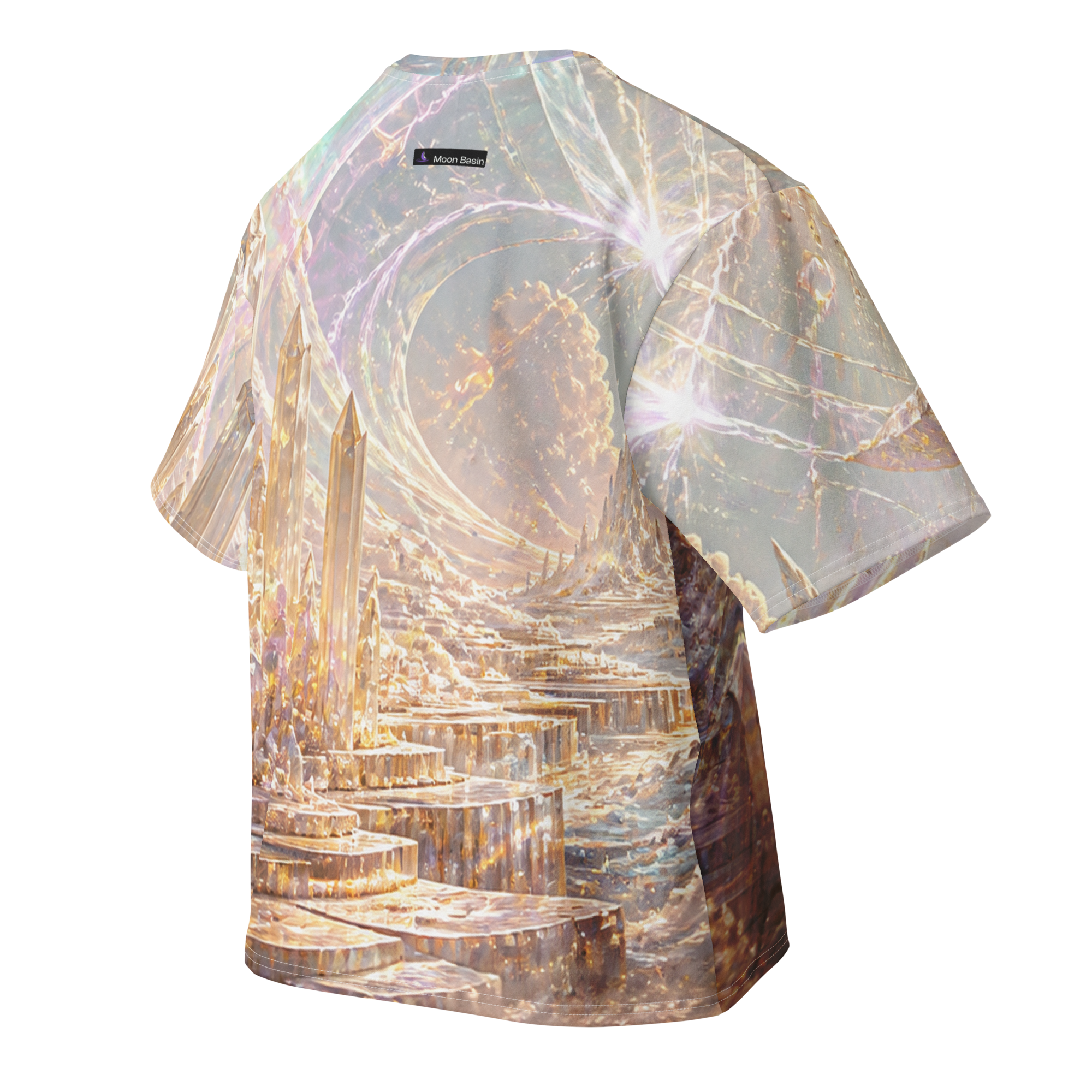 Opal Sun Eruption all over print oversized tee, back view, Moon Basin mark at the nape