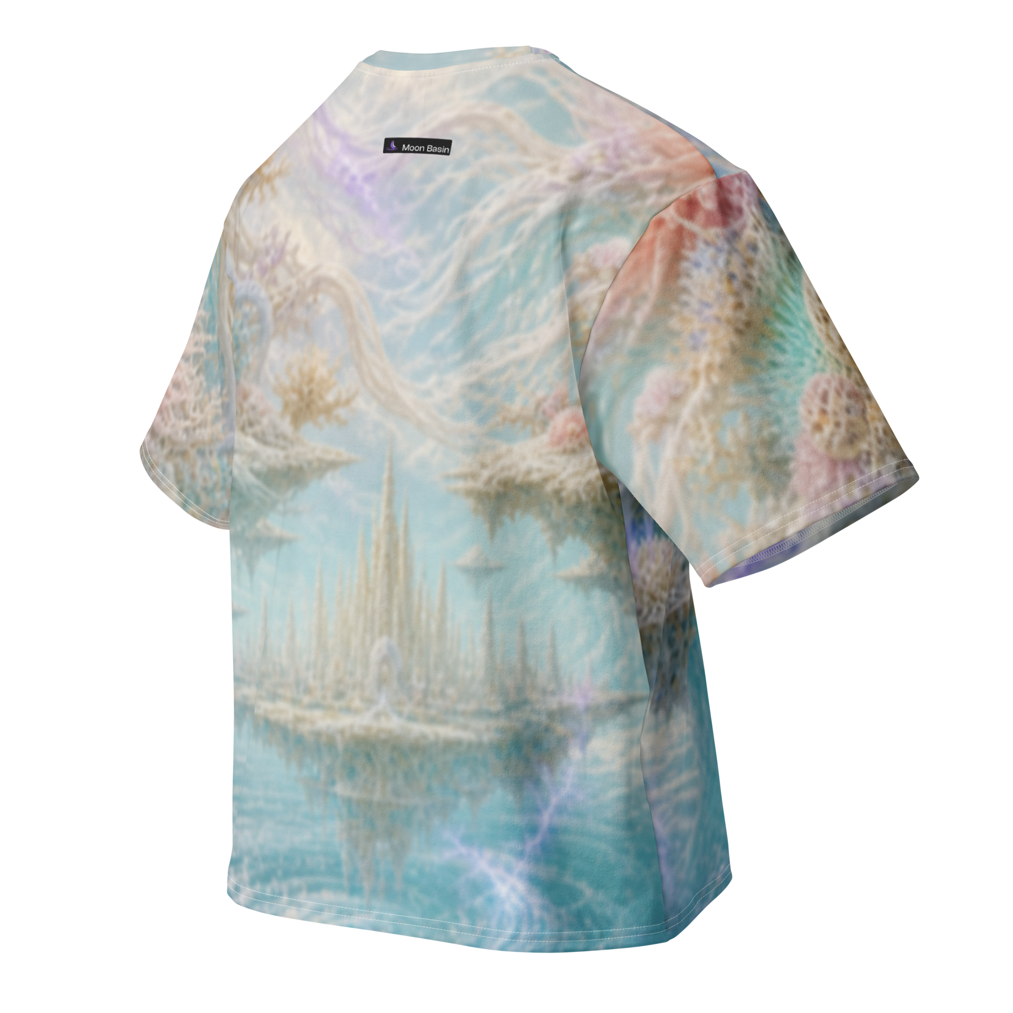 Ivory Lightning Reef all over print oversized tee, back view, Moon Basin mark at the nape