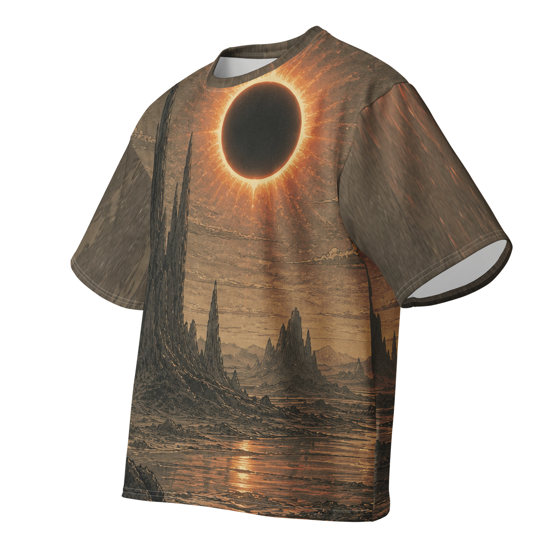 Khaki Eclipse Basin all over print oversized tee, front view