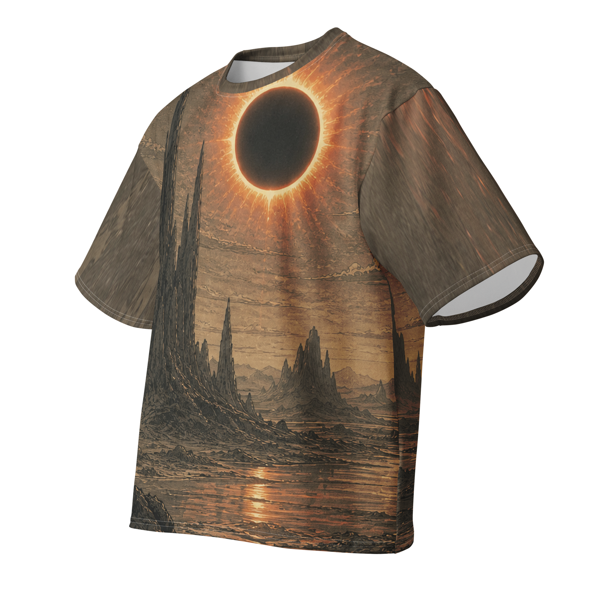 Khaki Eclipse Basin all over print oversized tee, front view