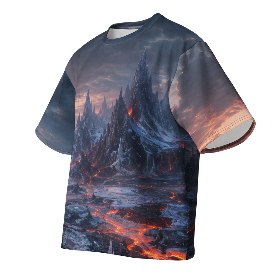 Frostfire Caldera all over print oversized tee, front view