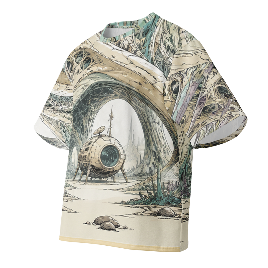 Glassroot Forest all over print oversized tee, front view