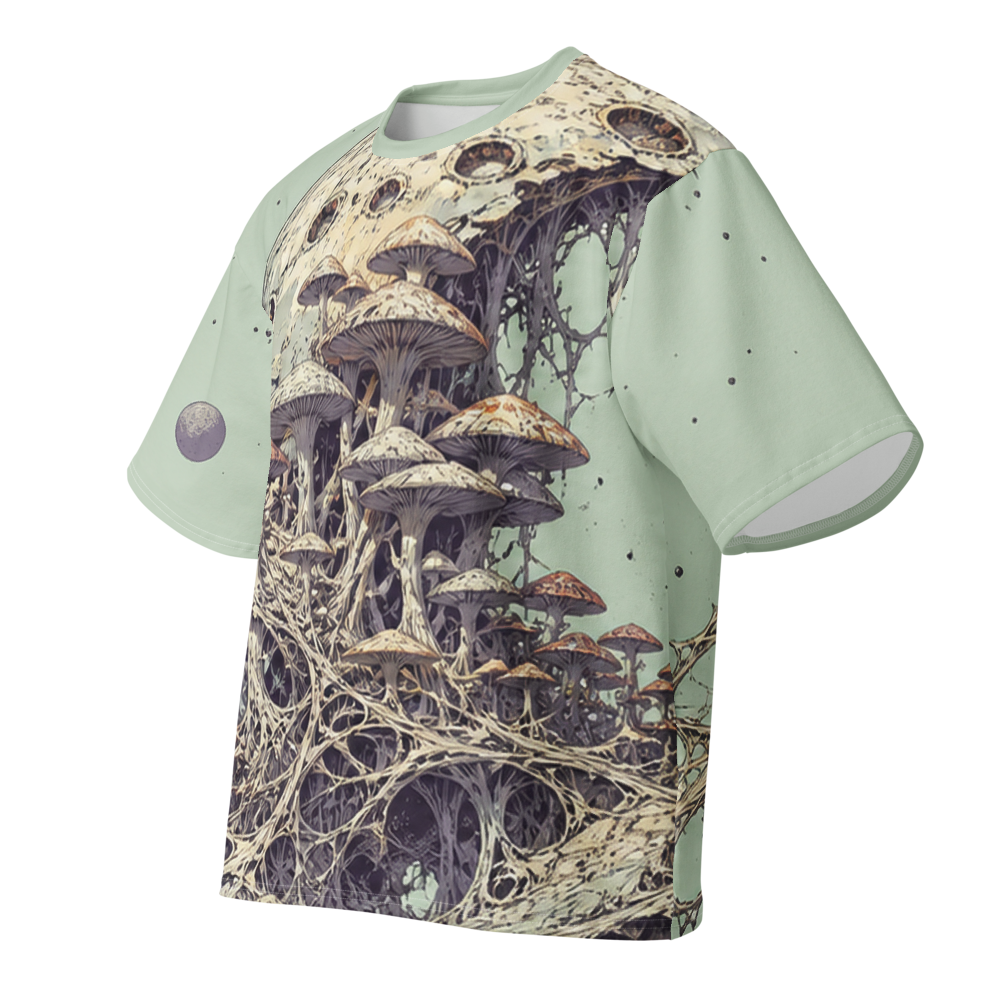 Orbital Mycelium all over print oversized tee, front view