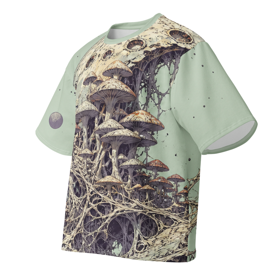 Orbital Mycelium all over print oversized tee, front view