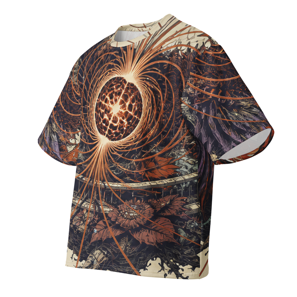 Magnetar Garden all over print oversized tee, front view