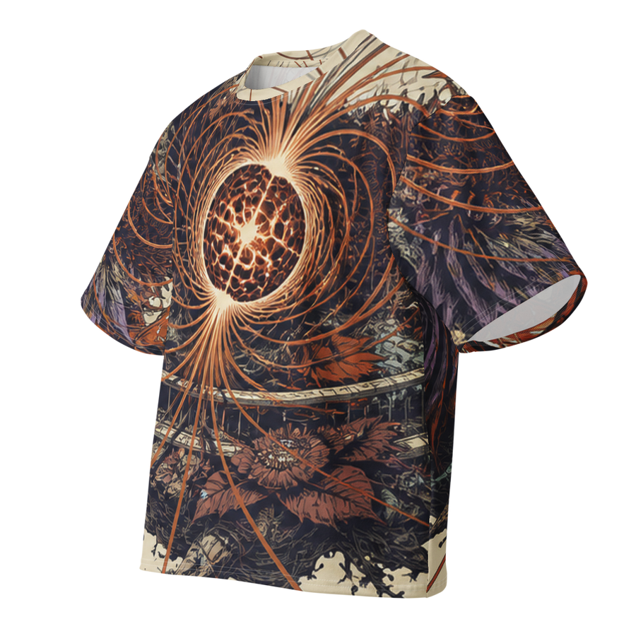 Magnetar Garden all over print oversized tee, front view