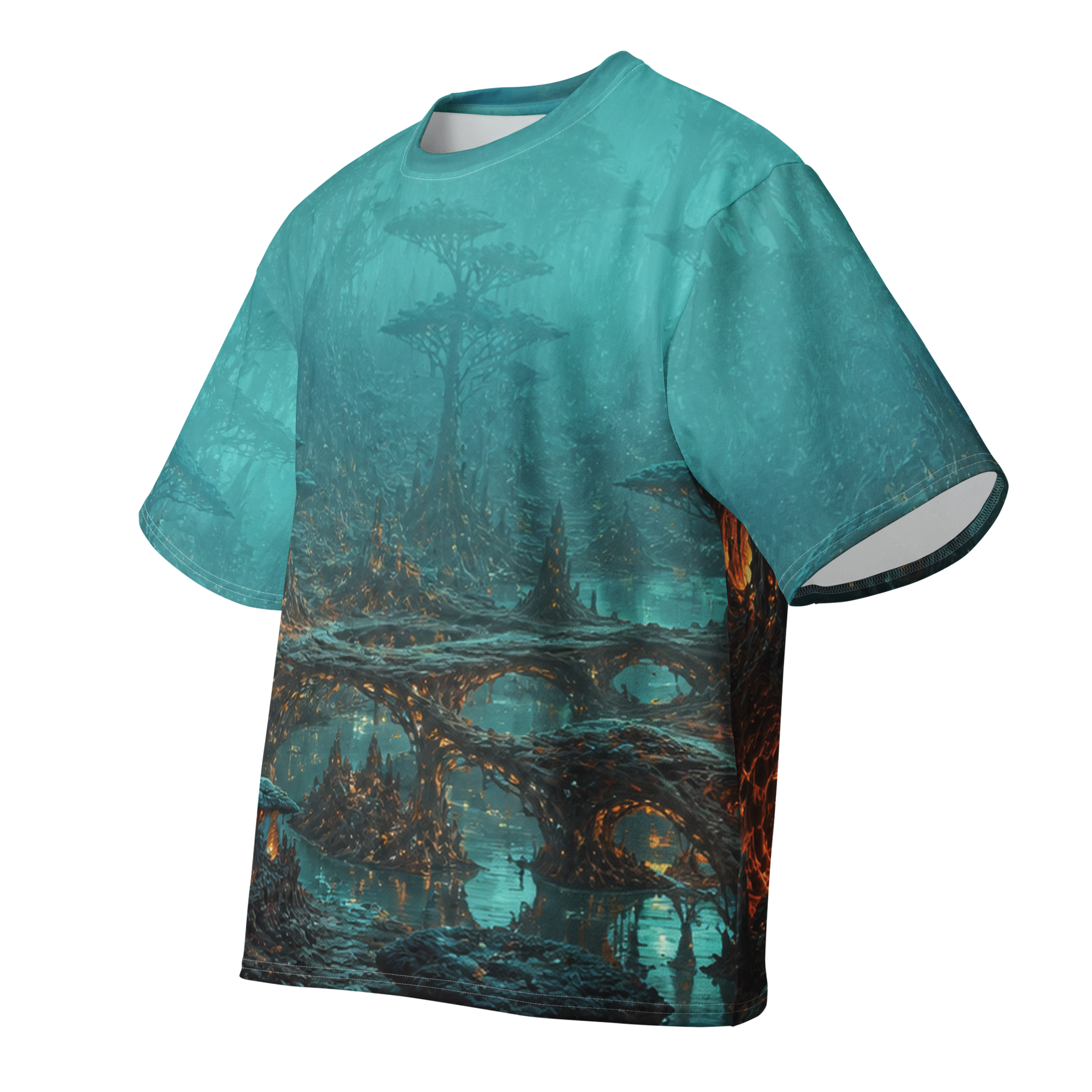 Alien Redwood Cathedral all over print oversized tee, front view