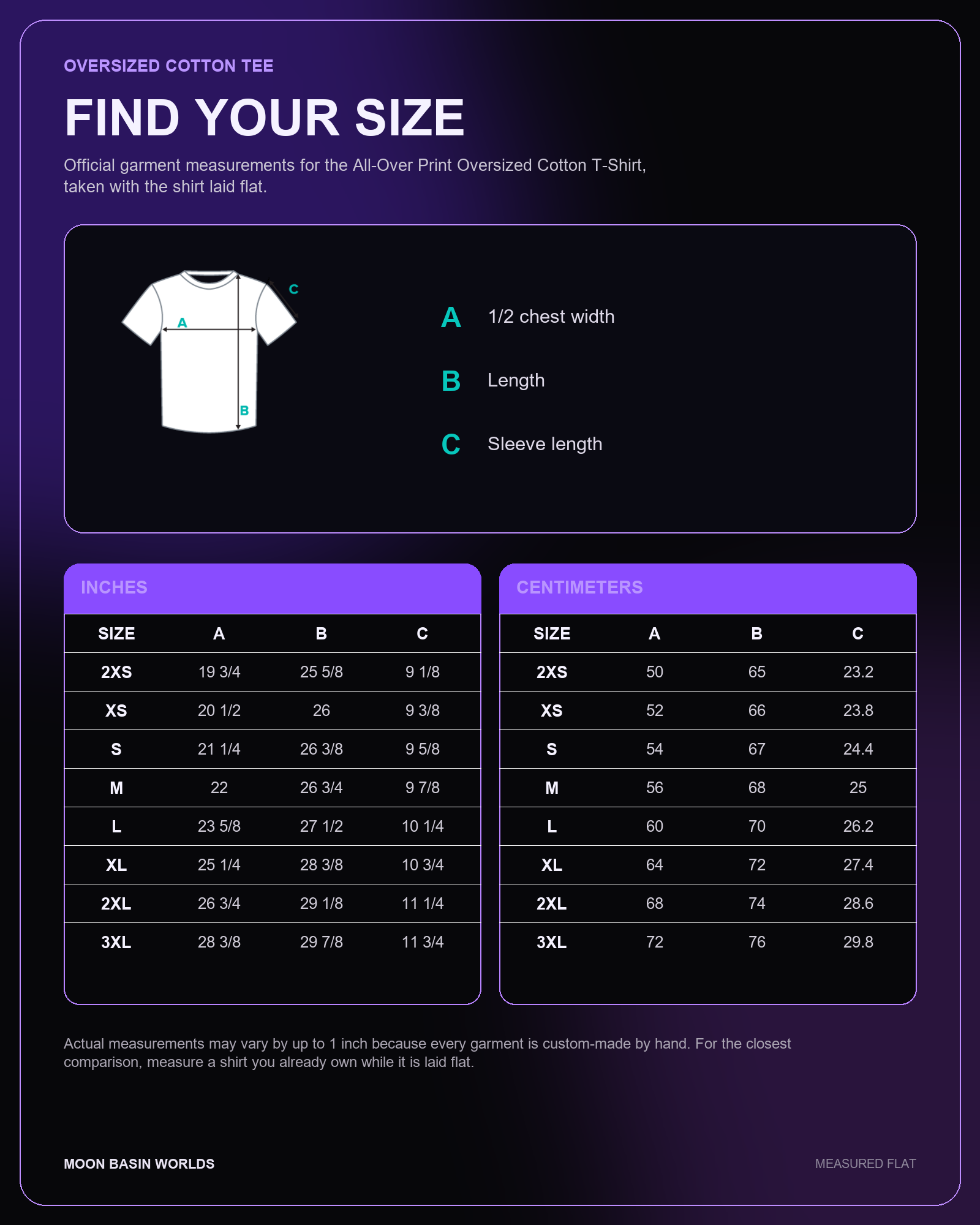 Moon Basin Worlds size guide, oversized cotton tee, measurements 2XS to 3XL in inches and centimetres, measured flat